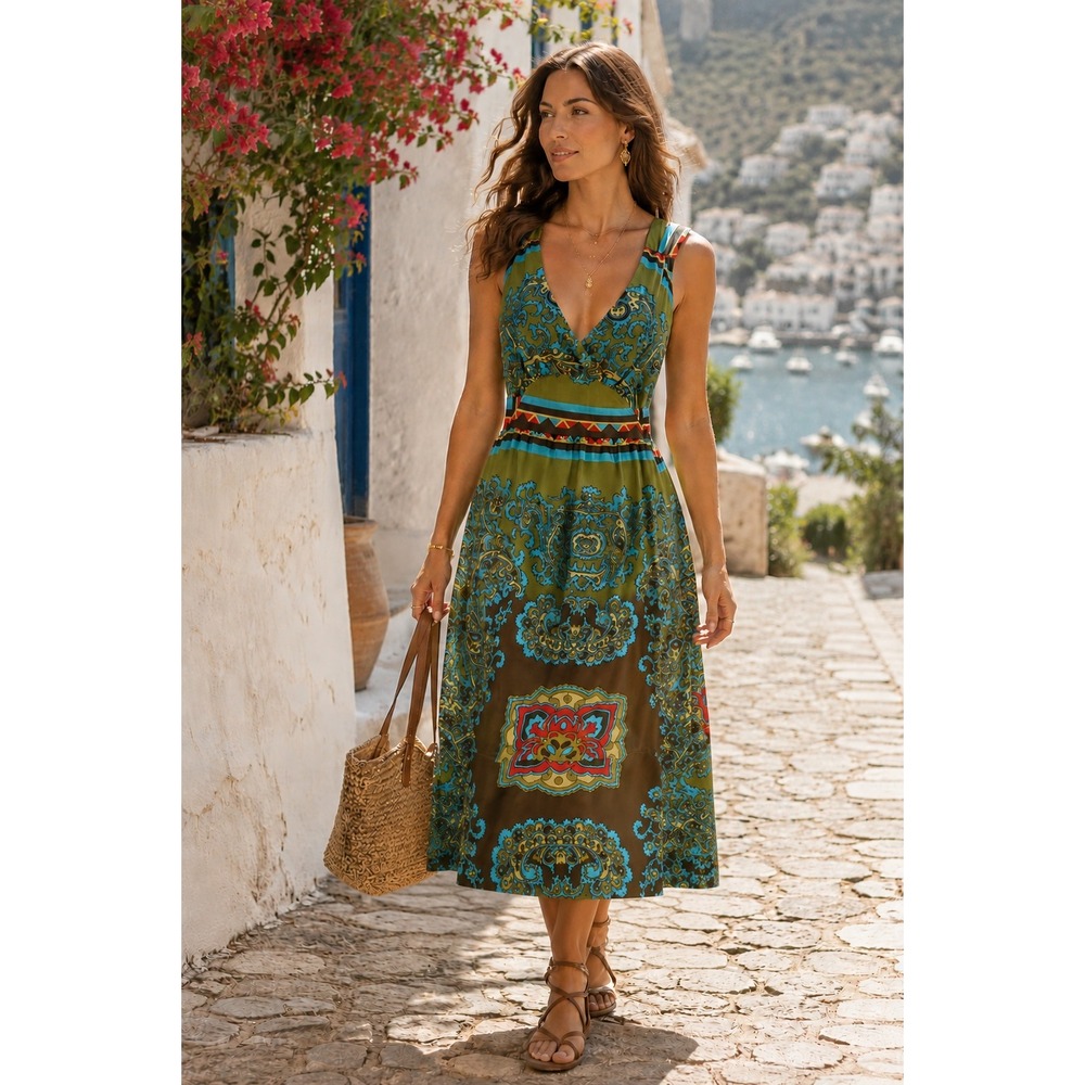 Vintage Rubber Ducky Productions Boho‎ Paisley Maxi Dress V Neck Waist Tie M